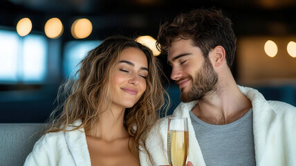 Fototapeta premium Couple enjoying champagne in robes, smiling warmly at each other.