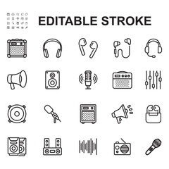 Audio and speaker icons collection. Thin line style vectors. Contains icons such as amplifier, earphone and many more.