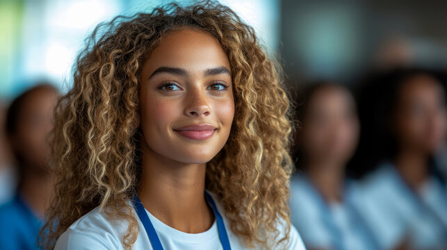Conference Attendee: A young woman with curly hair at a seminar, event volunteer, wearing a lanyard and smiling sweetly.