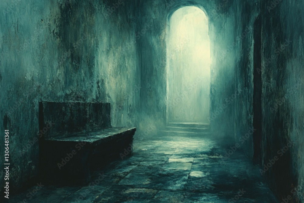 Poster A dimly lit hallway with a bench in the middle, perfect for use in interior design or architectural projects