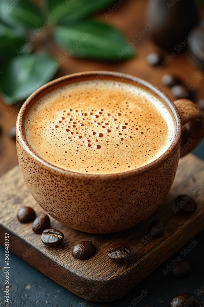 Poster a close-up shot of a cup of coffee sitting on a table, with a warm and inviting glow