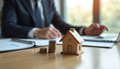 Real estate agent works on laptop with house model. Coins, documents on table. Property valuation, investment, mortgage planning, financial consulting service, real estate market analysis, contract