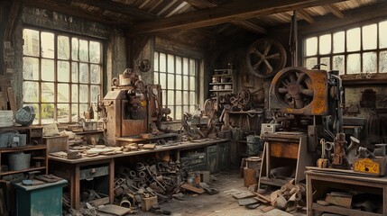 Abandoned warehouse with broken windows, rusting machinery, and piles of forgotten materials, industrial decay, ultra-detailed, 8k