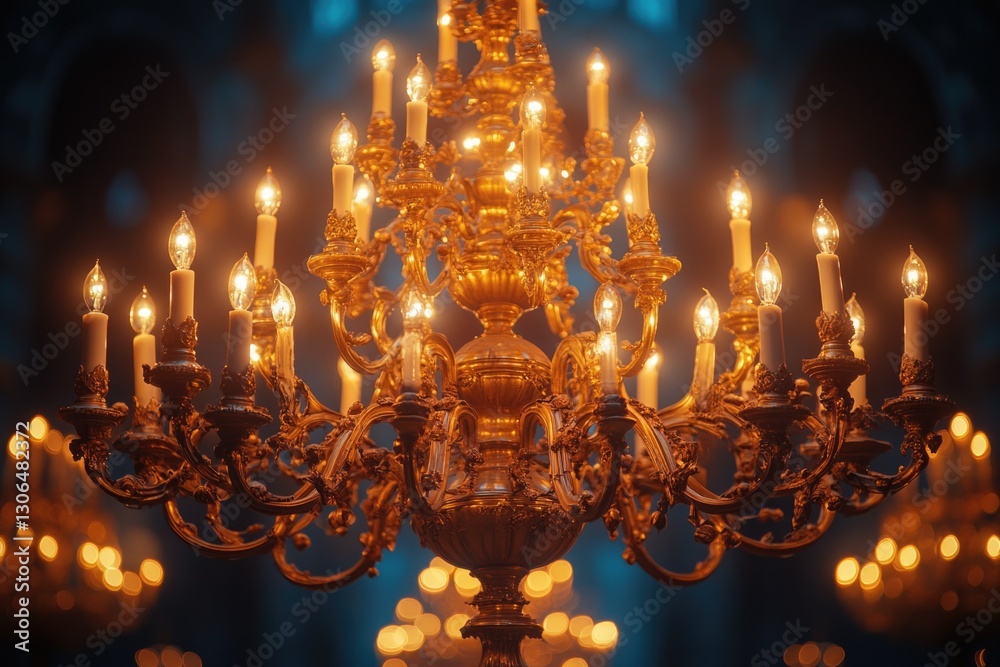 Poster a beautiful chandelier with many lit candles in a dark room, perfect for use as a mood setter or to 