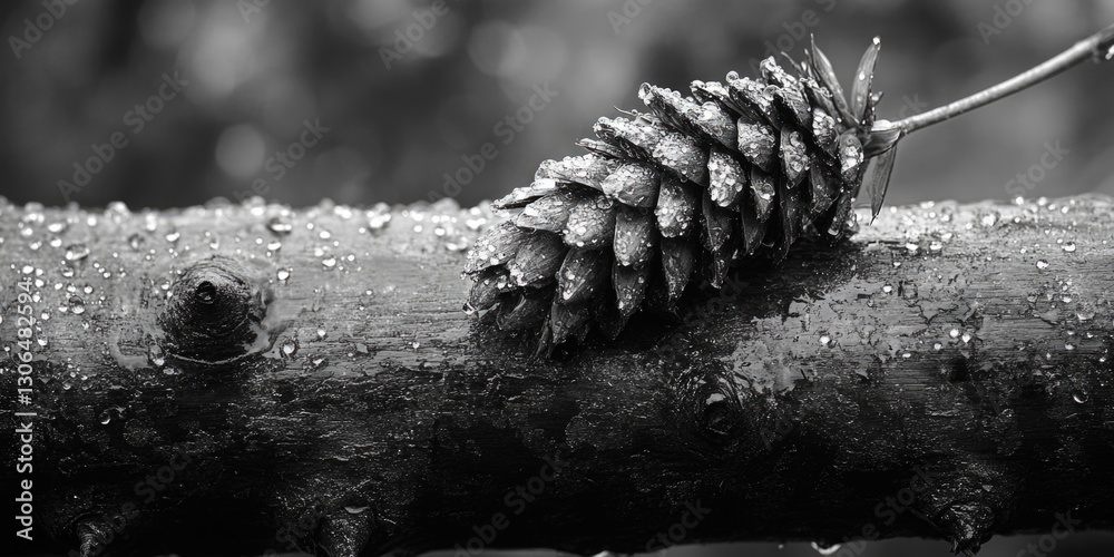 Poster a pine cone sits atop a tree branch in a black and white image