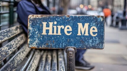 Vintage Rusty Sign on a Bench with Hire Me Message in Urban Setting