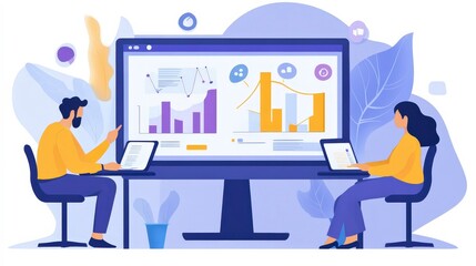 Fototapeta premium People Analyzing Data Using Laptops with Graphs and Charts on Large Screen