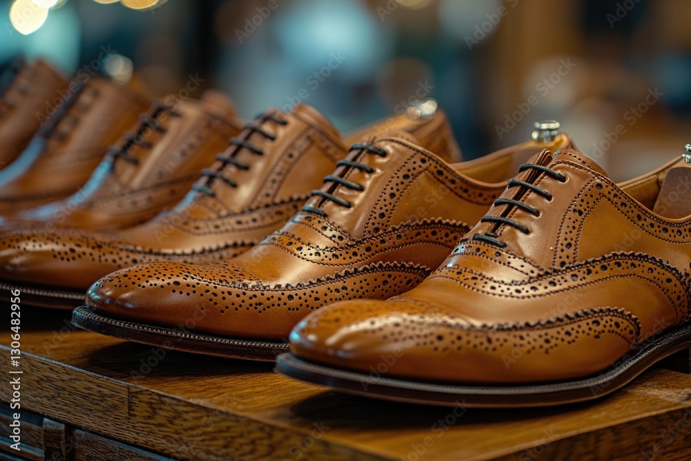 Poster row of men's shoes displayed on a table, various styles and colors