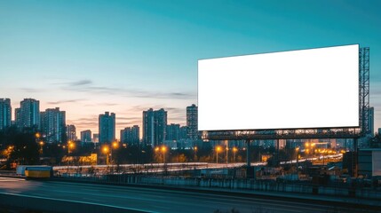 Large blank billboard stands above the cityscape at dusk