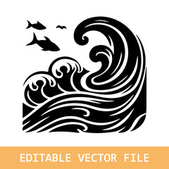 Seascape in retro style. Decorative poster with hand drawn waves, sea foam, dolphins and seagulls. Storm and wind in sea or ocean. Banner in asian vintage style. Cartoon flat vector illustration