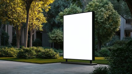 A blank advertising billboard stands in a lush green urban area