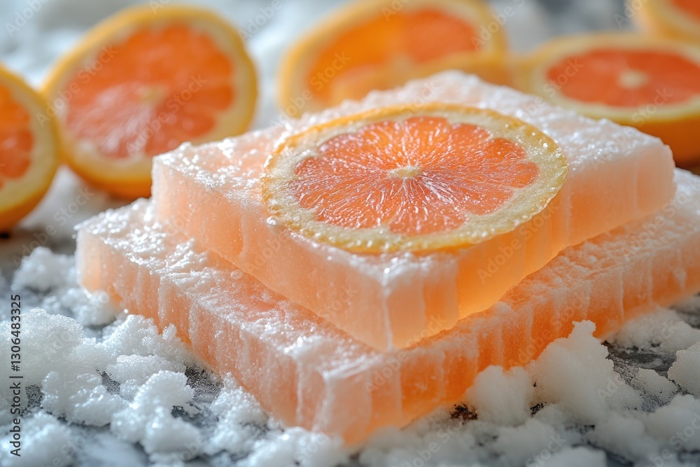 Poster Fresh orange slices stacked on top of a mound of sugar, perfect for topping cakes or using in recipes