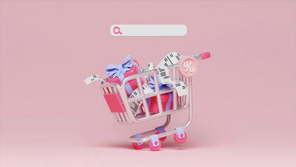 Colorful Shopping Cart with Gifts, 3D render illustration © MeepianGraphic