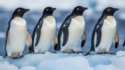 Obraz premium Adelie penguins standing on iceberg in Antarctic landscape with snow and ice, wildlife conservation and climate change concept