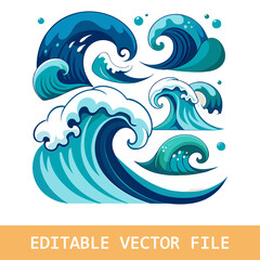 Ocean wave illustration. Powerful ocean wave with white crest, symbolizing strength, nature, and the power of the sea.
