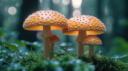 Lush green forest with various types of mushrooms growing on the ground
