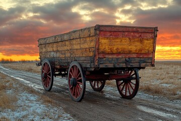 Obraz premium Rustic old wagon on a dirt road, perfect for rustic or vintage-themed projects