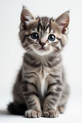 Adorable grey metis kitten with big eyes sitting on white background, furry, cute