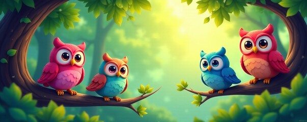 A group of colorful cartoon owls sitting on tree branches in a forest setting, nature, quirky