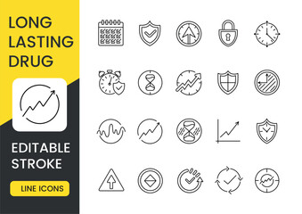 A set of vector icons representing long-lasting drugs, including symbols of duration and effectiveness, time indicators and growth charts, shields and safety locks, with an editable stroke
