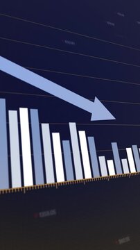 Falling stock market graph on dark background, downtrend bar chart and arrow showing crash, loss, financial crisis, recession, depression, economic downturn, failing investment, bear market.