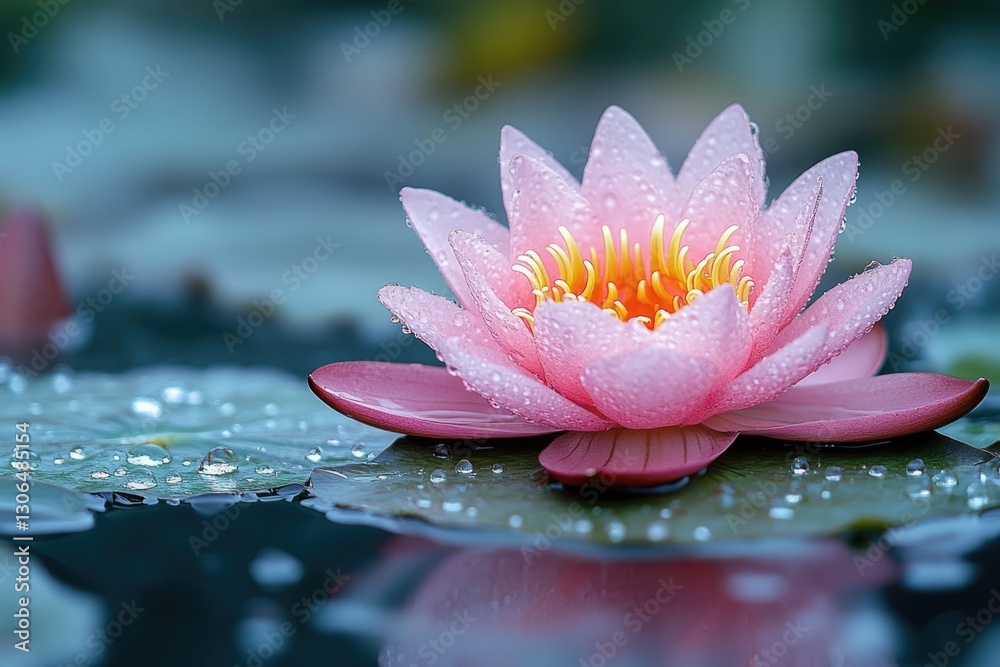 Poster a close-up of a pink water lily with water droplets on its petals, ideal for use in nature-inspired 