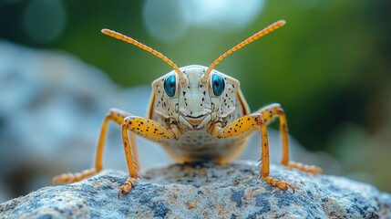 Fototapeta premium Close-up shot of a grasshopper sitting on a rock, with natural background