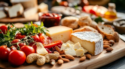 A colorful spread features an array of cheeses, fresh tomatoes, and nuts set against a rustic backdrop. The inviting arrangement highlights gourmet treats perfect for gatherings