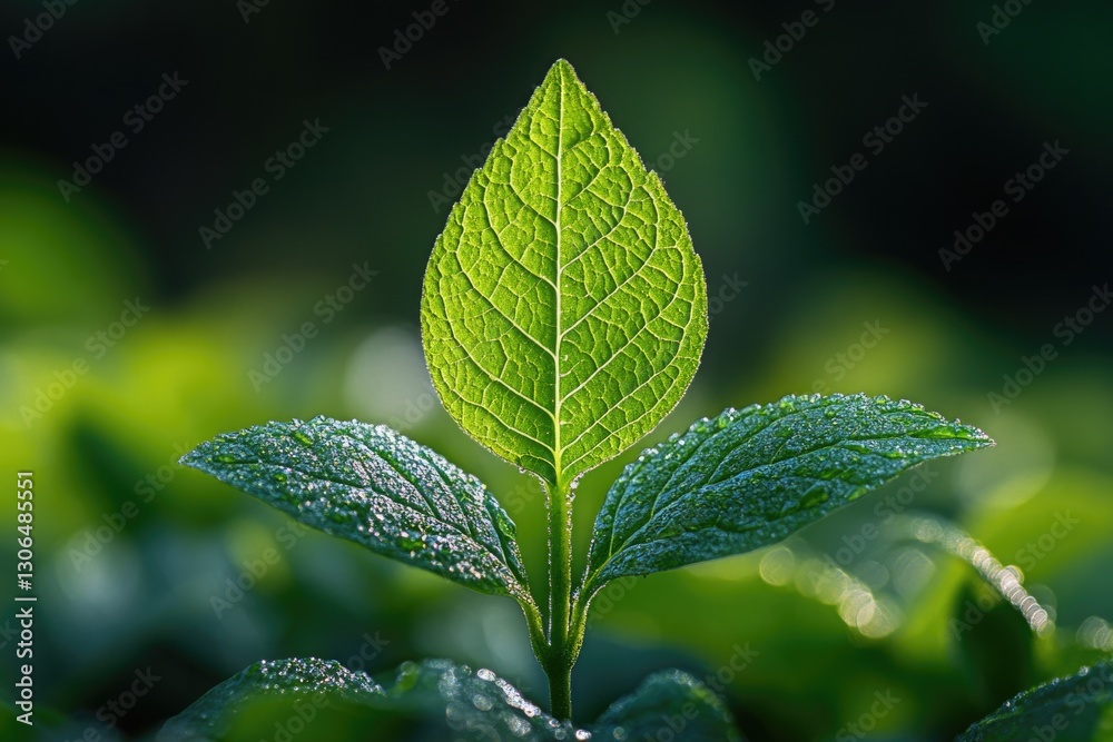 Poster close-up shot of a leaf with water droplets glistening on its surface, great for use in nature or sc