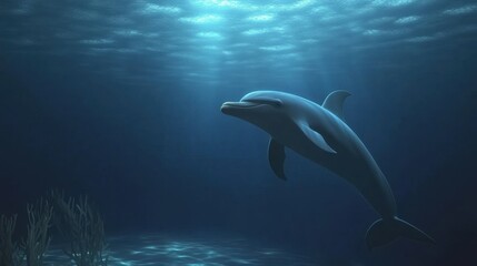 Obraz premium A bottlenose dolphin gliding just beneath the surface of a calm blue sea.