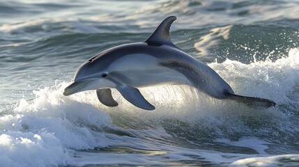 Naklejka premium A dolphin emerging from the waves, its dorsal fin cutting through the water.