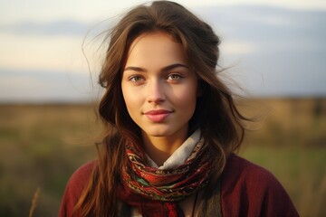 Fototapeta premium A young woman with flowing hair stands confidently in a vast field, her warm smile radiating as the sun begins to set. The vibrant scarf around her neck adds a touch of color to the tranquil scene