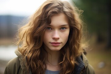Naklejka premium A young woman stands gracefully amidst a tranquil natural setting, her wavy hair catching the soft light. She gazes thoughtfully, embodying peace during a quiet afternoon in the woods