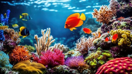 Obraz premium Colorful fish swimming around vibrant coral reefs in the ocean