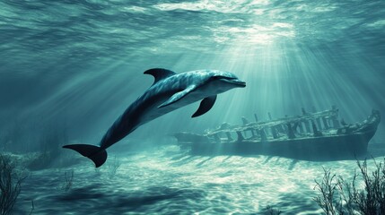 A dolphin swimming near an ancient shipwreck, exploring its mysterious depths.