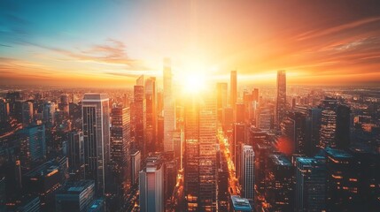 Fototapeta premium Aerial view of city skyline at sunset, skyscrapers and glowing lights, urban and dynamic, ultra-detailed, 4k