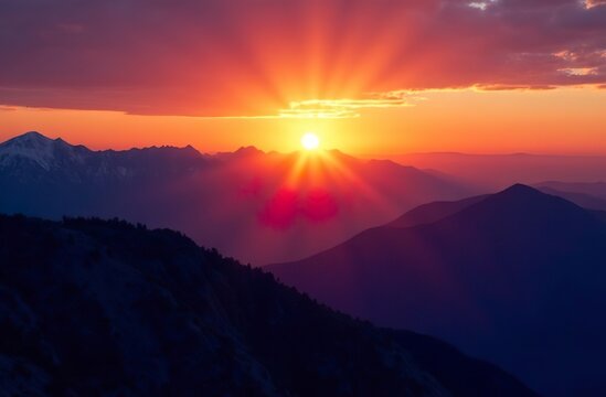 The setting sun in the center of the image, the mountain landscape in warm colors.