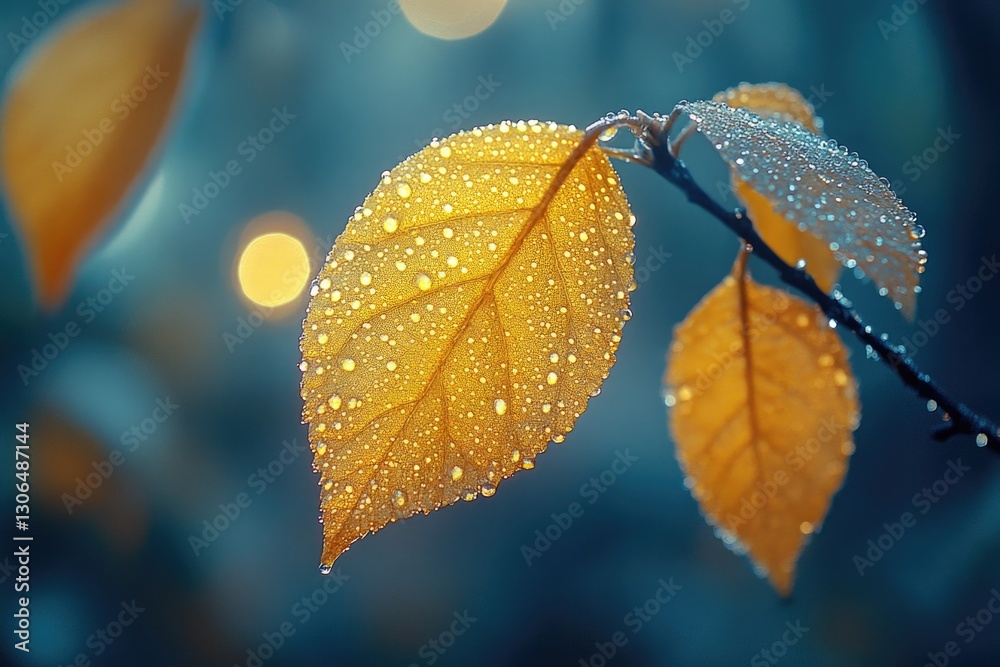 Poster close-up of a leaf with water droplets, suitable for nature or science use