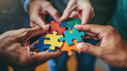 People connecting jigsaw show connection for business in teamwork concept. Friendly atmosphere for strategy management. Working of company team under cooperation together work for organization. AIG53.