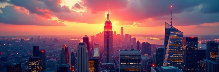 Futuristic geometric skyscraper in New York City skyline during sunset, cityscape, building