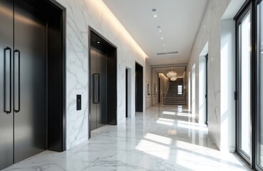 Contemporary corridor in business center features white marble tiles. Modern office hall design boasts bright, clean space with elevator doors, stairs, windows. Nobody inside, empty space. Modern
