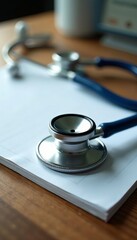 Medical stethoscope on a wooden desk with doctor's notepad, healthcare, diagnosis