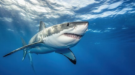 A great white shark cruising just below the water's surface, its dorsal fin slicing through.