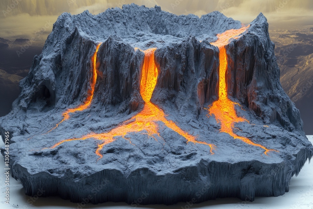 Poster a volcanic eruption with molten lava streaming down the mountain side, suitable for use in geologica