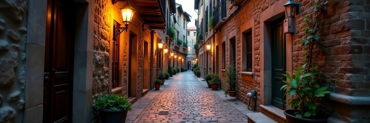 Fototapeta premium Narrow passageway in historic town with uneven brick floors and vintage lanterns, vintage, alleyway