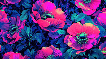 art floral pattern oversized flowers in striking neon colors with a retro vibe high quality 