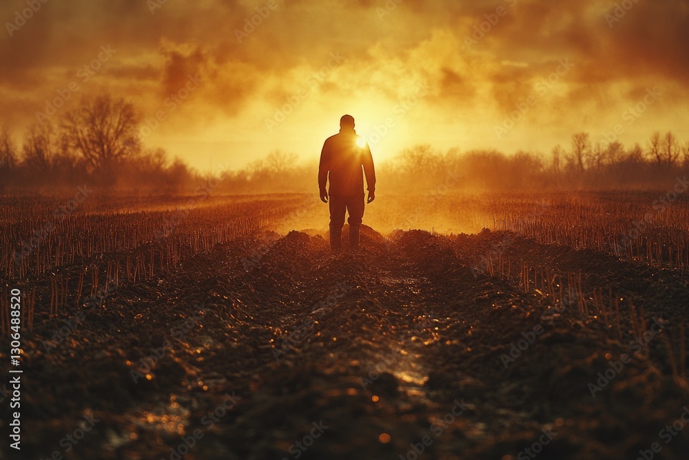 Aufkleber A man stands alone in a vast open field during the golden hour of sunset
