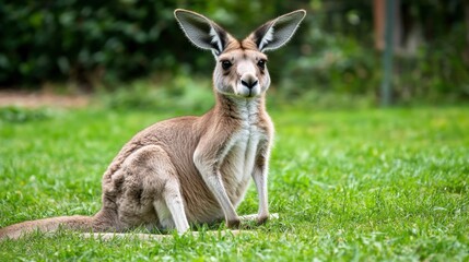 A kangaroo looking up from a patch of grass in the early morning light.