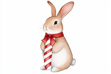 Whimsical watercolor rabbit with candy cane creative art scene playful environment delightful perspective, isolated on white background