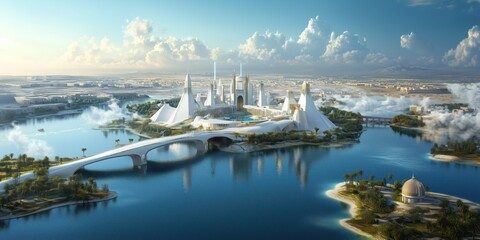 Naklejka premium Science Fiction Fantasy Majestic Cityscape 8K AI art generated using Midjourney